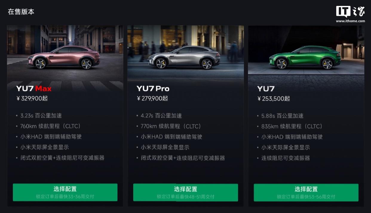 小米更新YU7产品交付时间：标准最快53周，Max最快33周